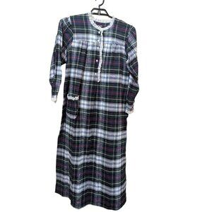 Vintage Carols Plaid Nightgown With Lace Trim & Buttons size L Blue green